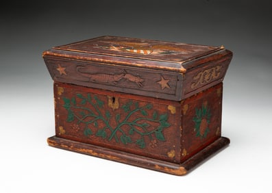 WONDERFUL AMERICAN FOLK ART PAINTED AND RELIEF-CARVED POPLAR BOX OF PATRIOTIC INTEREST.