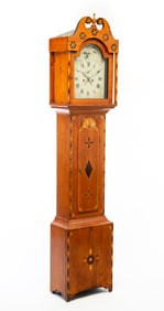 AMERICAN SHERATON BIRCH AND MARQUETRY TALL CASE CLOCK.