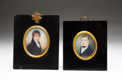 TWO BRITISH SCHOOL MINIATURE WATERCOLOR AND GOUACHE PORTRAITS OF YOUNG MEN.