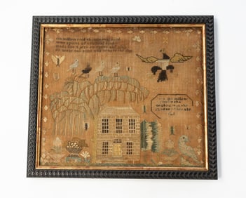 AMERICAN FOLKSY NEEDLEWORK SAMPLER WITH SPREAD-WINGED EAGLE.