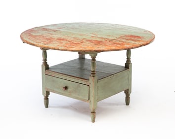 AMERICAN PAINTED MAPLE, PINE, AND POPLAR HUTCH TABLE.