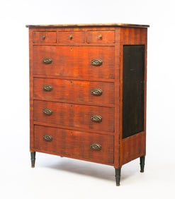 PENNSYLVANIA SHERATON PAINT-DECORATED POPLAR SEVEN-DRAWER TALL CHEST.