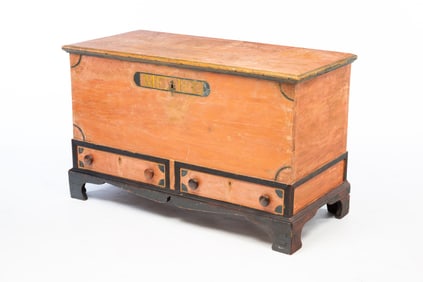 NEW ENGLAND PAINTED PINE TWO-DRAWER BLANKET CHEST, DATED 1833.