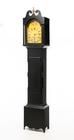 AMERICAN HEPPLEWHITE EBONIZED PINE TALL CASE CLOCK.