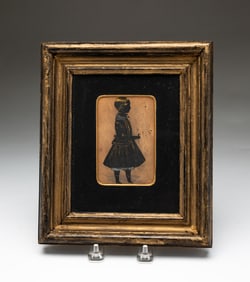 AMERICAN MINIATURE WATERCOLOR AND GOUACHE FULL-LENGTH SILHOUETTE PORTRAIT OF A CHILD HOLDING A