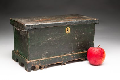 AMERICAN GREEN-PAINTED PINE AND POPLAR MINIATURE BLANKET CHEST.