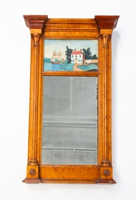 CLASSICAL TIGER AND BIRD'S-EYE MAPLE MIRROR WITH WATERCOLOR PANEL.