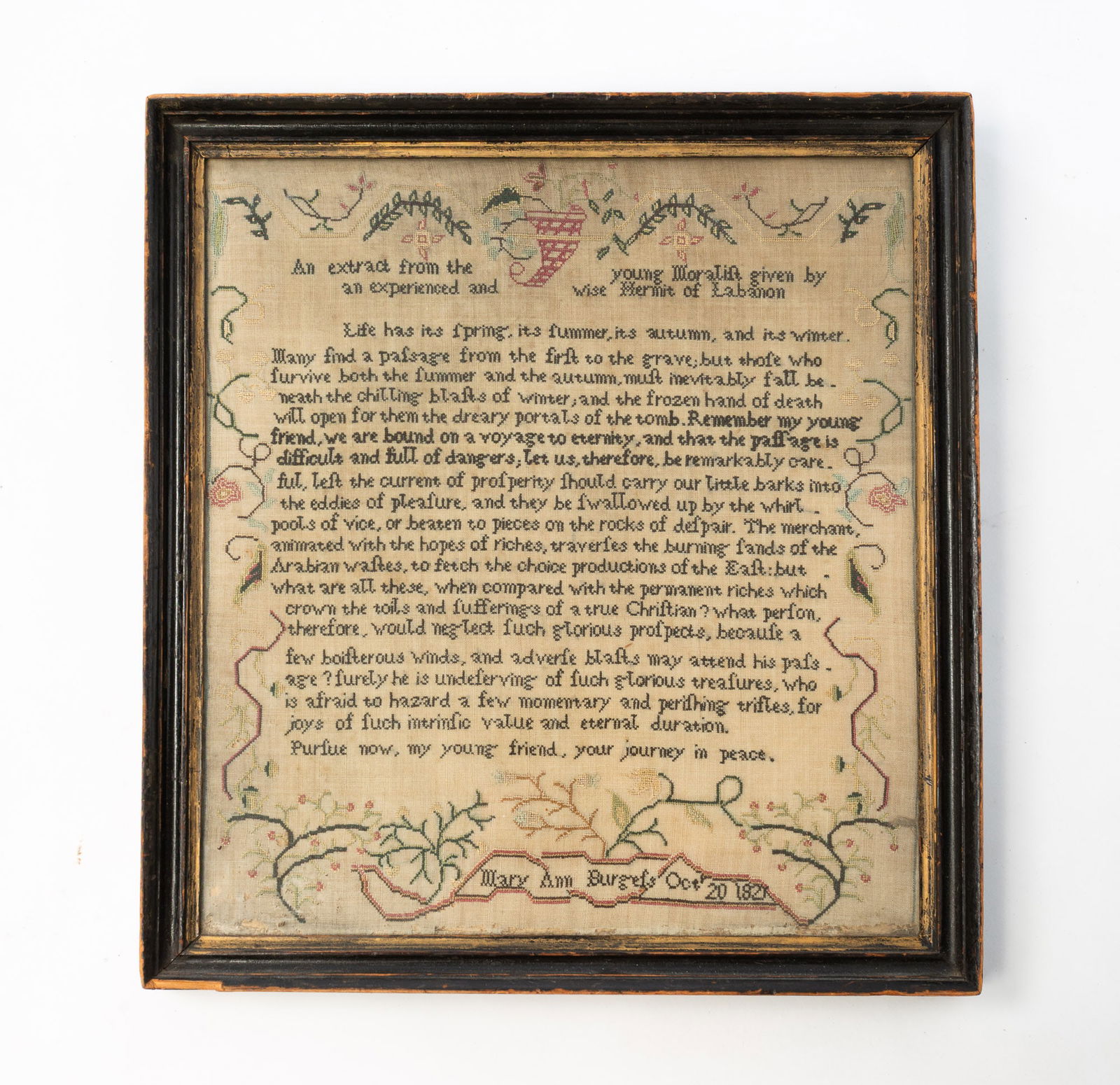 MARY ANN BURGESS (ENGLISH) NEEDLEWORK SAMPLER WITH LONG VERSE, DATED 1821. (1 of 4)
