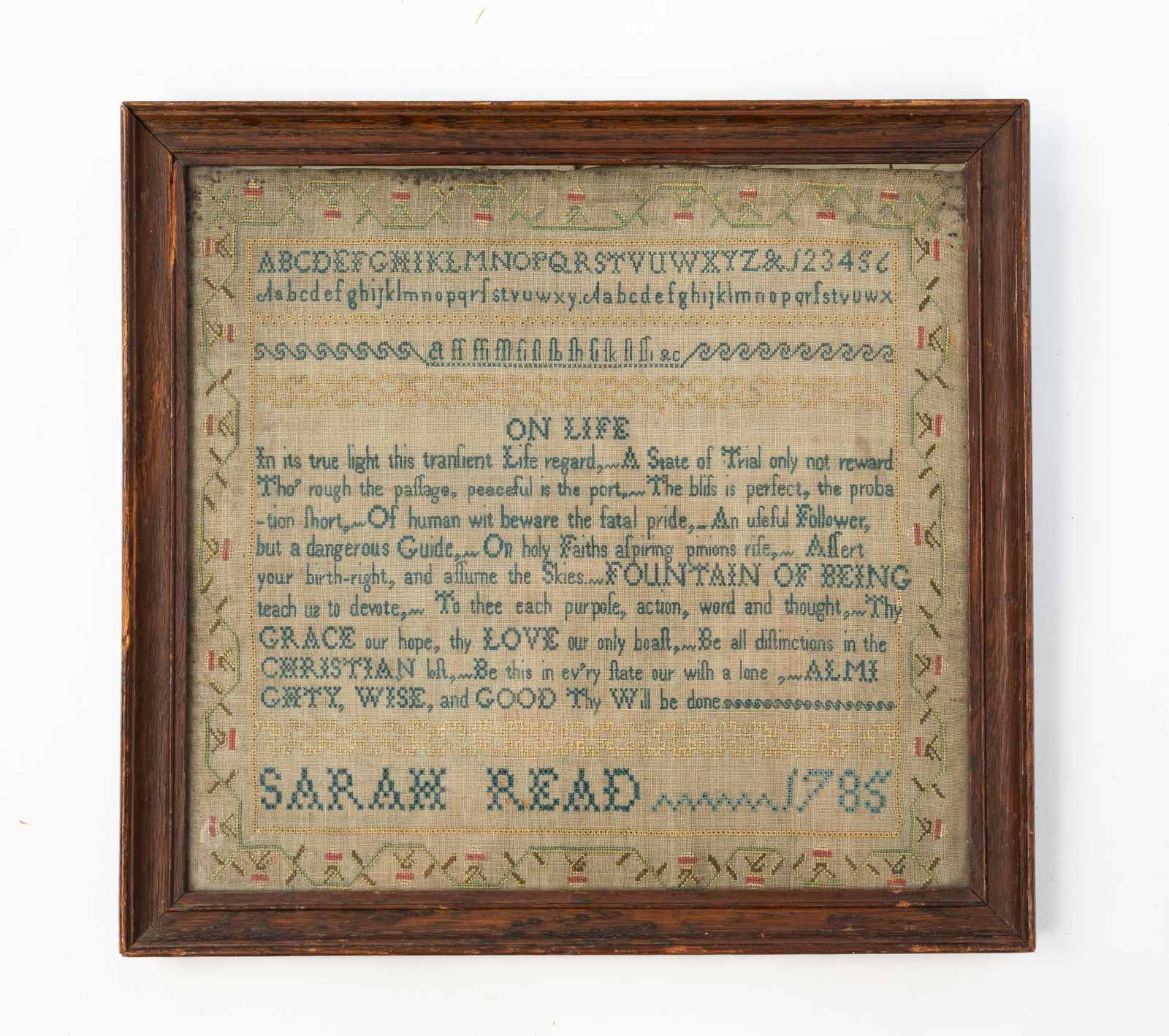 SARAH READ (AMERICAN) NEEDLEPOINT SAMPLER, DATED 1785. (1 of 4)