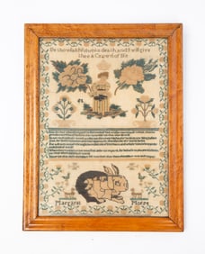 MARGARET MORSE (AMERICAN) NEEDLEWORK SAMPLER WITH RABBIT, DOGS, AND BIRDS.