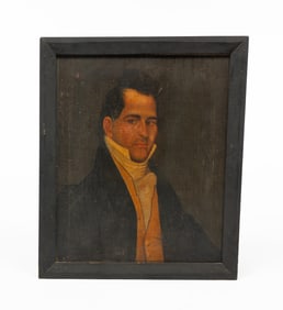 AMERICAN SCHOOL OIL ON CANVAS PORTRAIT OF A MAN WITH YELLOW VEST.