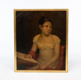 AMERICAN SCHOOL OIL ON CANVAS PORTRAIT OF A YOUNG WOMAN.