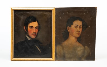 TWO AMERICAN SCHOOL OIL ON CANVAS PORTRAITS OF A GENTLEMAN AND LADY.