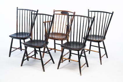 FIVE AMERICAN ROD-BACK WINDSOR DINING CHAIRS, INCLUDING BIRDCAGE EXAMPLE.