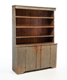 AMERICAN COUNTRY PAINTED OPEN PEWTER CUPBOARD.