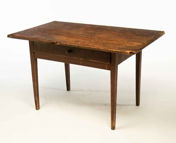 AMERICAN HEPPLEWHITE REDDISH-BROWN WASHED PINE ONE-DRAWER WORK TABLE.