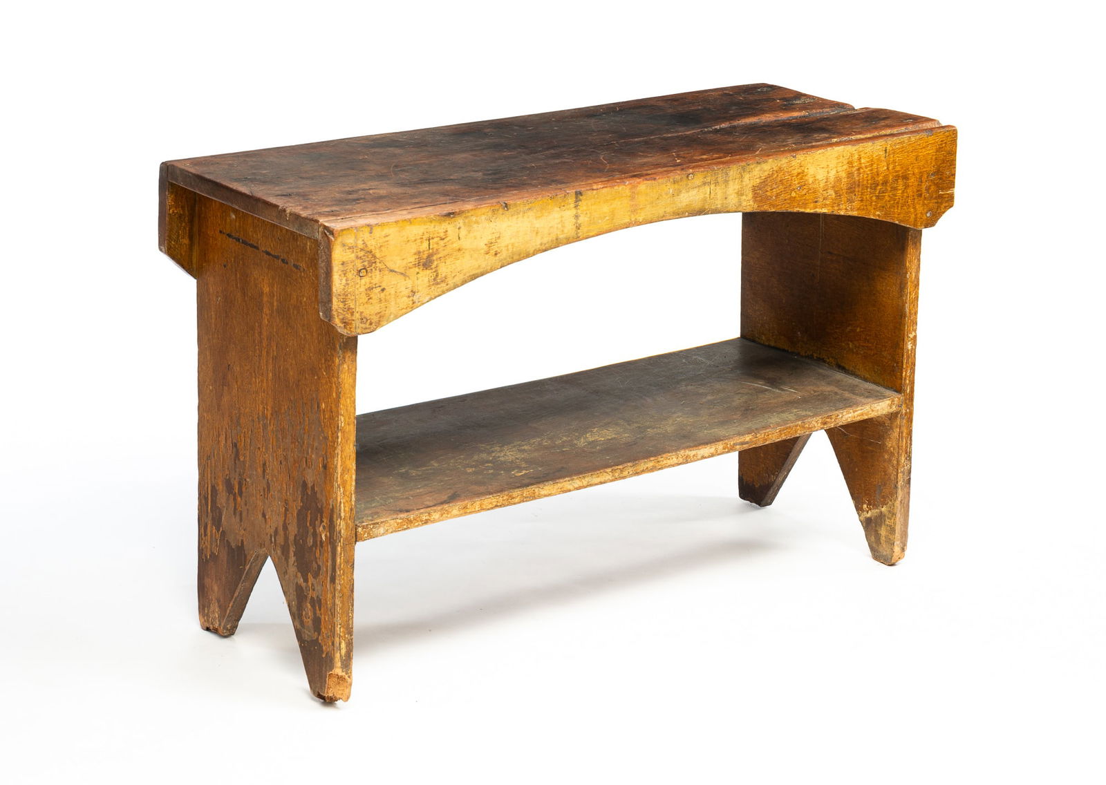 AMERICAN GRAIN-PAINTED WALNUT BUCKET BENCH. (1 of 5)