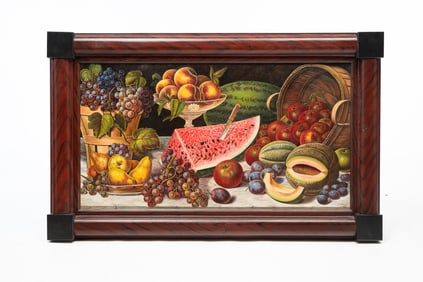 WONDERFUL LARGE AMERICAN SCHOOL OIL ON CANVAS STILL LIFE OF FRUIT IN A PAINT-DECORATED FRAME.