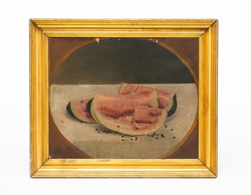 AMERICAN SCHOOL FOLK ART OIL ON CANVAS STILL LIFE OF A WATERMELON.