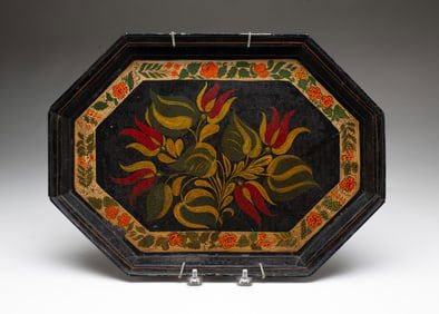 TOLE-PAINTED OCTAGONAL SERVING TRAY WITH FREE-HAND TULIPS.