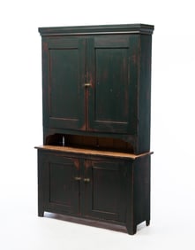 AMERICAN GREEN-PAINTED POPLAR STEPBACK CUPBOARD.