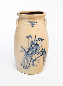 WHITES UTICA (NEW YORK) COBALT-DECORATED STONEWARE FIVE-GALLON CHURN.