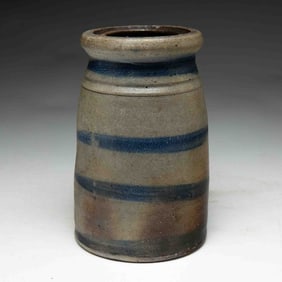 AMERICAN COBALT-STRIPED STONEWARE CANNING JAR.