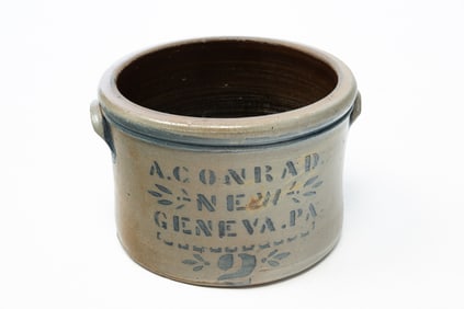 A. CONRAD (NEW GENEVA, PENNSYLVANIA) COBALT-DECORATED STONEWARE CAKE CROCK.