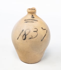 CLARK & FOX (ATHENS, NEW YORK) SALT-GLAZED STONEWARE TWO-GALLON OVOID JUG, DATED 1837.