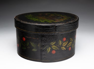AMERICAN PAINTED BENTWOOD PANTRY BOX DECORATED WITH A SCENE FROM "LITTLE RED RIDING HOOD."
