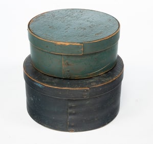 TWO AMERICAN BLUE-PAINTED BENTWOOD PANTRY BOXES.