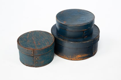 THREE AMERICAN BLUE-PAINTED BENTWOOD PANTRY BOXES.