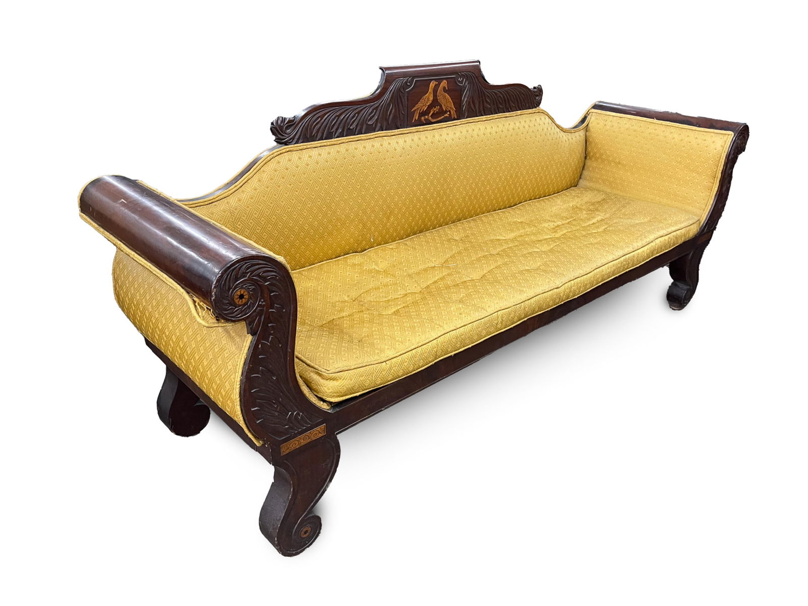 EXCEPTIONAL AMERICAN EMPIRE MAHOGANY AND MARQUETRY SOFA WITH BIRDS. (1 of 5)
