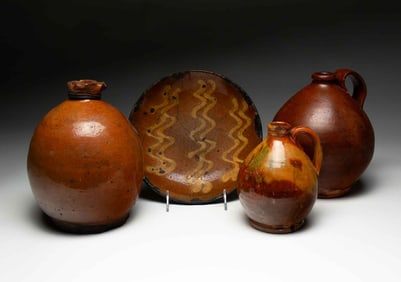 FOUR AMERICAN REDWARE ITEMS.