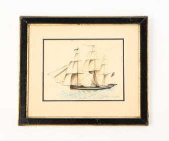 AMERICAN SCHOOL FOLK ART WATERCOLOR OF NAVY SHIP.
