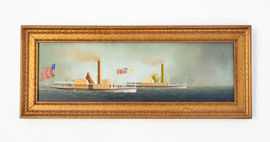 AMERICAN SCHOOL FOLK ART OIL ON PANEL OF SIDE WHEELERS.
