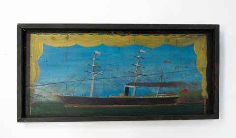AMERICAN SCHOOL FOLK ART OIL ON BOARD STEAMSHIP PORTRAIT.