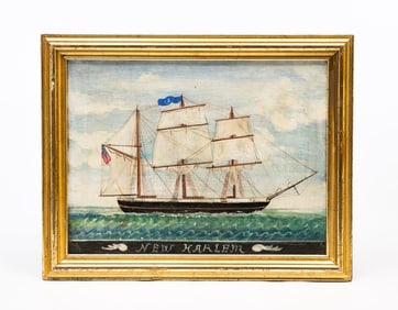 AMERICAN SCHOOL FOLK ART OIL ON CANVAS OF SAILING SHIP "NEW HARLEM".