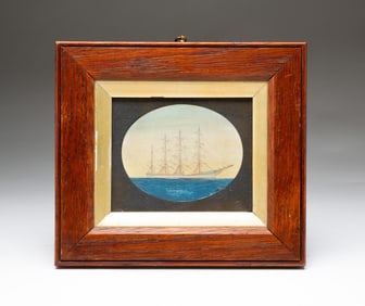 DIMINUTIVE AMERICAN SCHOOL FOLK ART GOUACHE OF FOUR-MASTED SHIP.