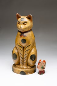 PAINT-DECORATED CHALKWARE CAT AND ROOSTER.