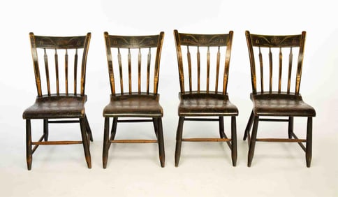 FOUR AMERICAN GRAIN-PAINTED AND STENCIL-DECORATED FANCY SIDE CHAIRS.