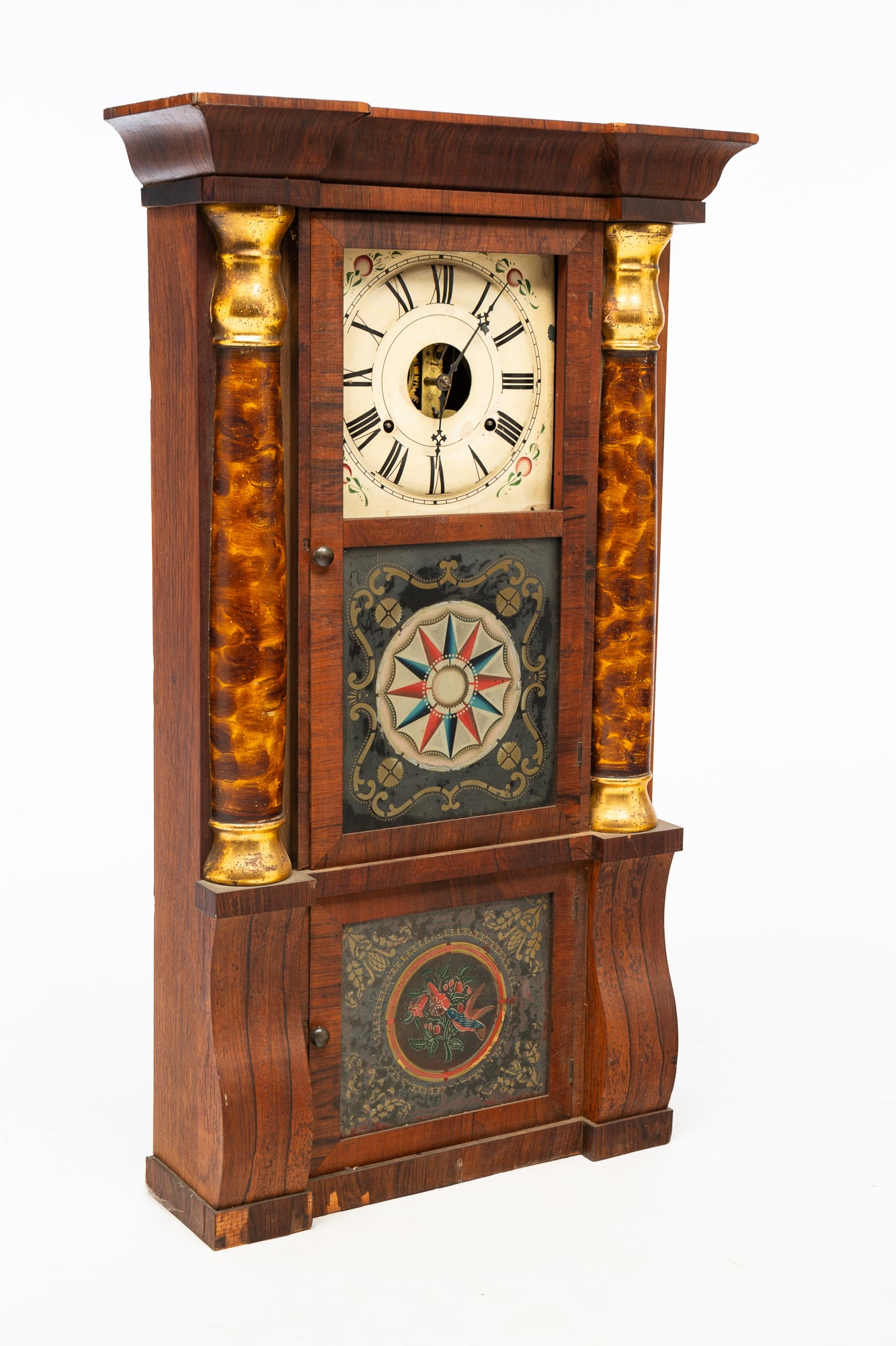 SETH THOMAS MAHOGANY AND PARCEL-GILT TRIPLE-DECKER MANTLE CLOCK WITH REVERSE-PAINTED GLASS. (1 of 6)