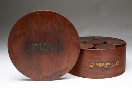 MT. WASHINGTON BOX CO. BENTWOOD SPICE BOX WITH SEVEN CANISTERS.