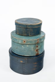 THREE AMERICAN BLUE-PAINTED BENTWOOD PANTRY BOXES.