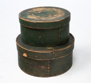 TWO AMERICAN PAINTED BENTWOOD PANTRY BOXES.