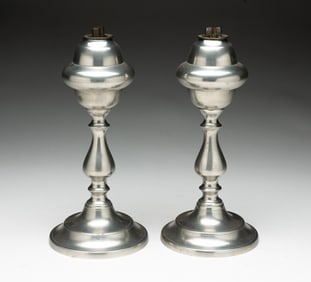 PAIR OF PEWTER WHALE OIL LAMPS.