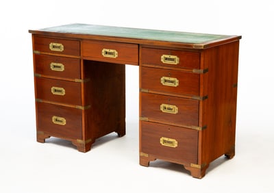 ENGLISH BRASS-BOUND YEW WOOD CAMPAIGN DESK.