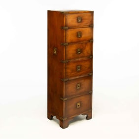 ENGLISH BRASS-BOUND YEW WOOD SIX-DRAWER CAMPAIGN CHEST.