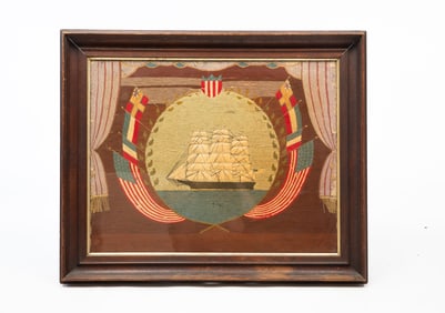 AMERICAN WOOLWORK PICTURE OF A SHIP SURROUNDED BY FLAGS.