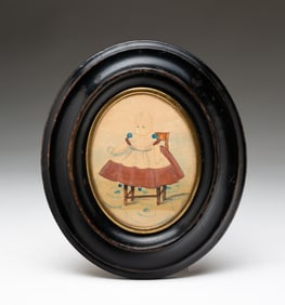 AMERICAN SCHOOL MINIATURE FULL-LENGTH WATERCOLOR PORTRAIT OF A YOUNG CHILD.